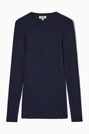 Camiseta COS Crew-neck Merino Lana Mujer Azul Marino | 82594BOHT