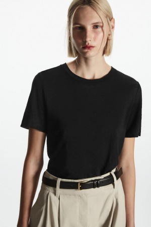 Camiseta COS Linen Mujer Negros | 51329ZMBN