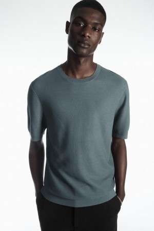 Camiseta COS Mulberry Silk Piqué-knit Hombre Azules | 65702IRFX