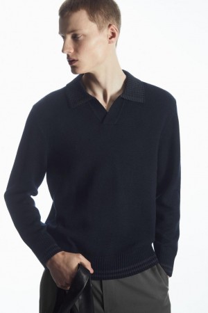 Polo COS Contrast-tipped Merino Hombre Azul Marino Grises | 57961AZMT