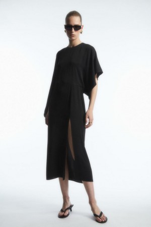 Vestido COS Asymmetric-sleeve Draped Midi Mujer Negros | 14659SGTD