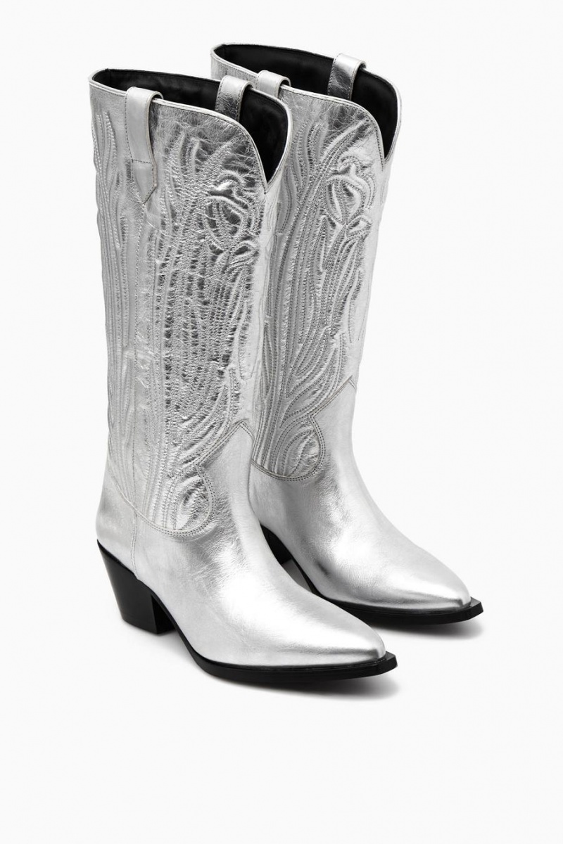 Botas COS Embroidered Cuero Cowboy Mujer Plateados | 40286BING