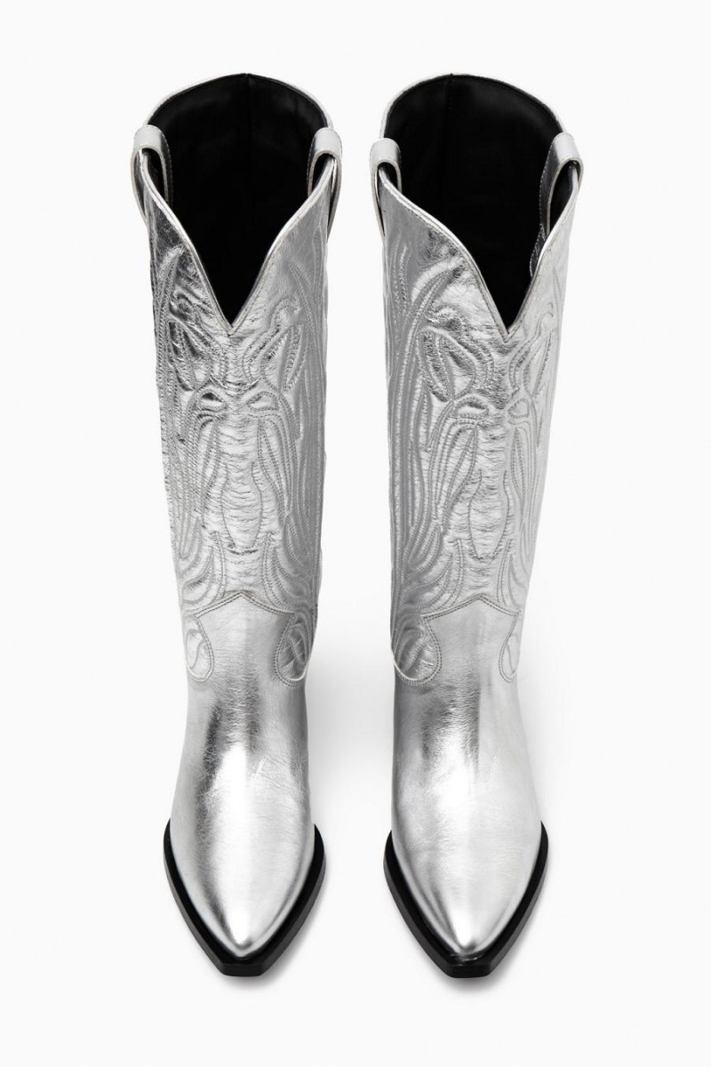 Botas COS Embroidered Cuero Cowboy Mujer Plateados | 40286BING