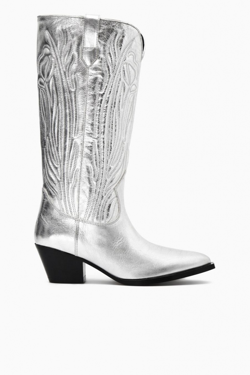 Botas COS Embroidered Cuero Cowboy Mujer Plateados | 40286BING