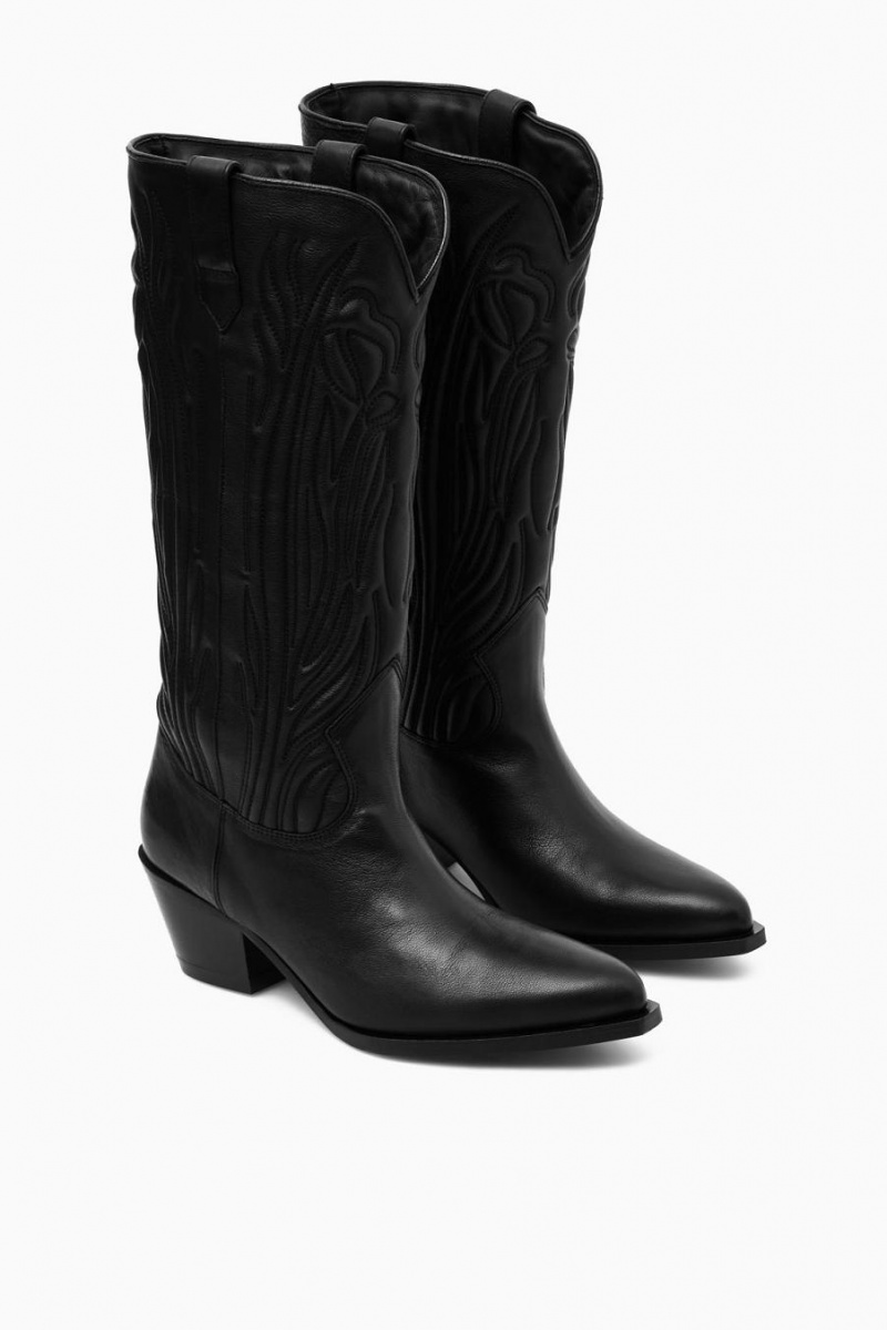 Botas COS Embroidered Cuero Cowboy Mujer Negros | 83967NACY