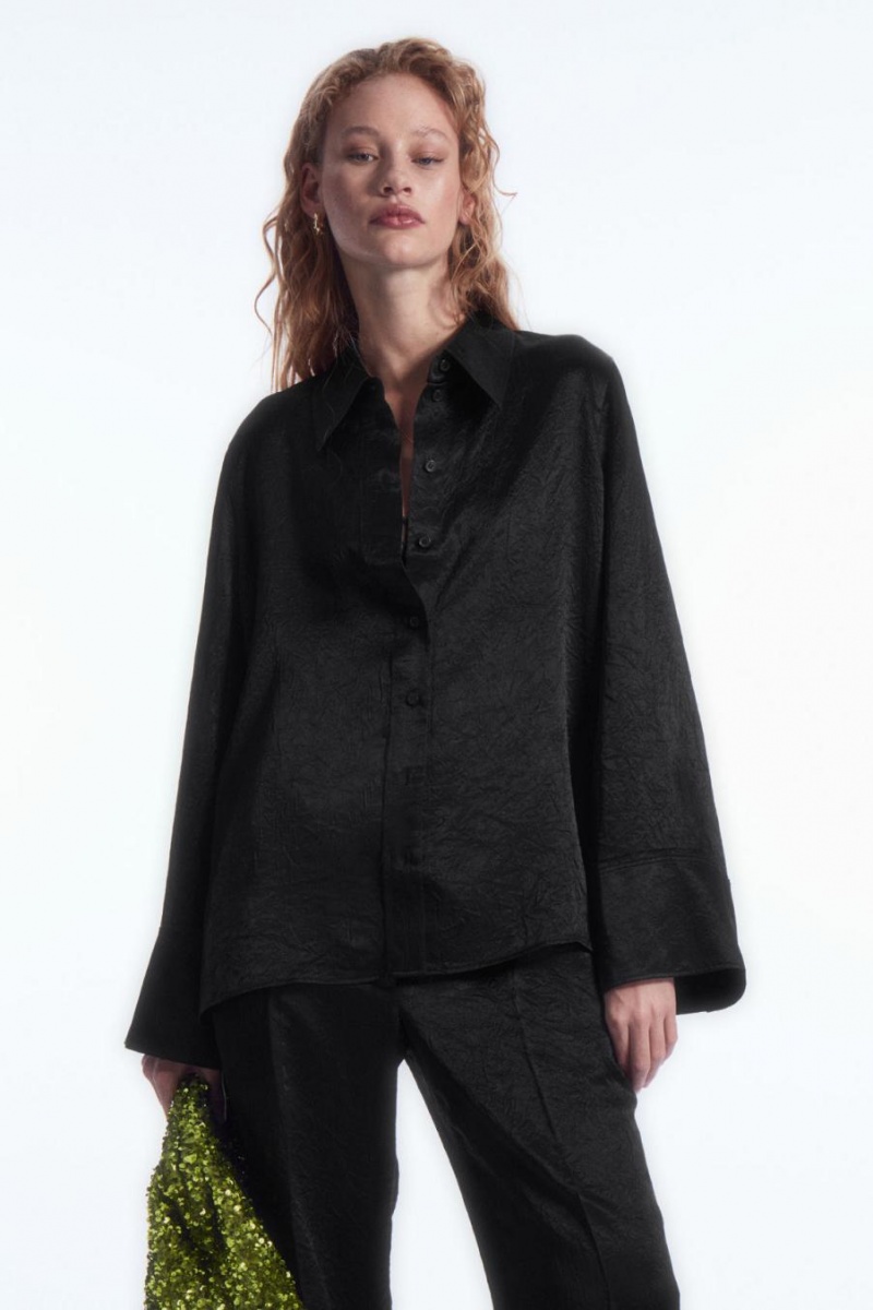 Camisa COS Anchos-sleeve Crinkled-satin Mujer Negros | 76539FPIH