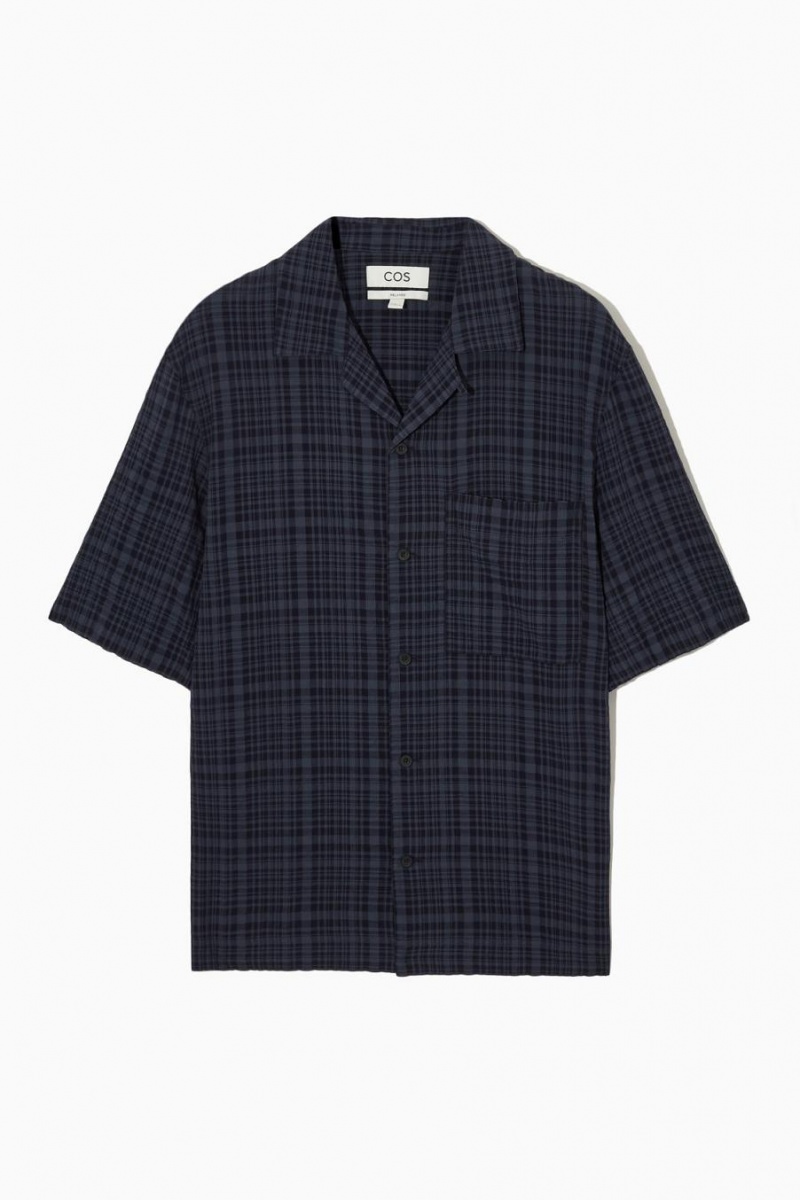 Camisa COS Checked Seersucker Camp-collar Hombre Azul Marino | 59083HKQZ