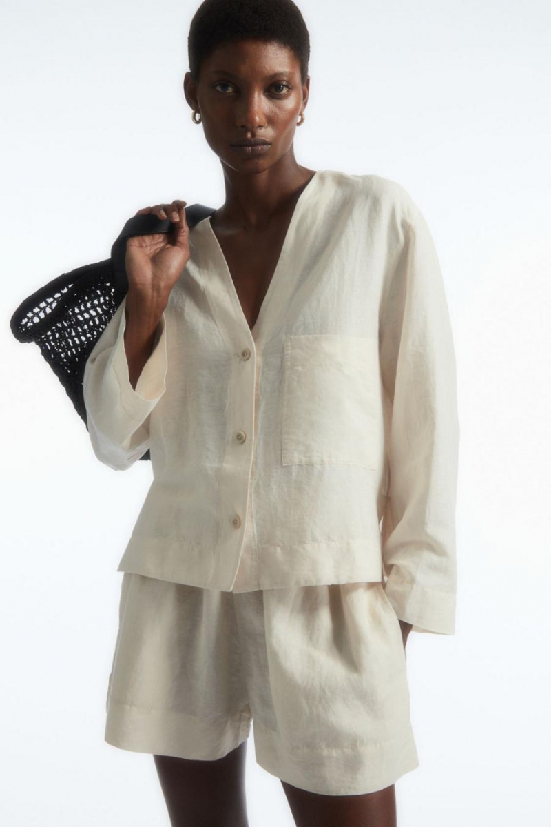 Camisa COS Cropped V-neck Linen Mujer Blancos | 15403CUAD