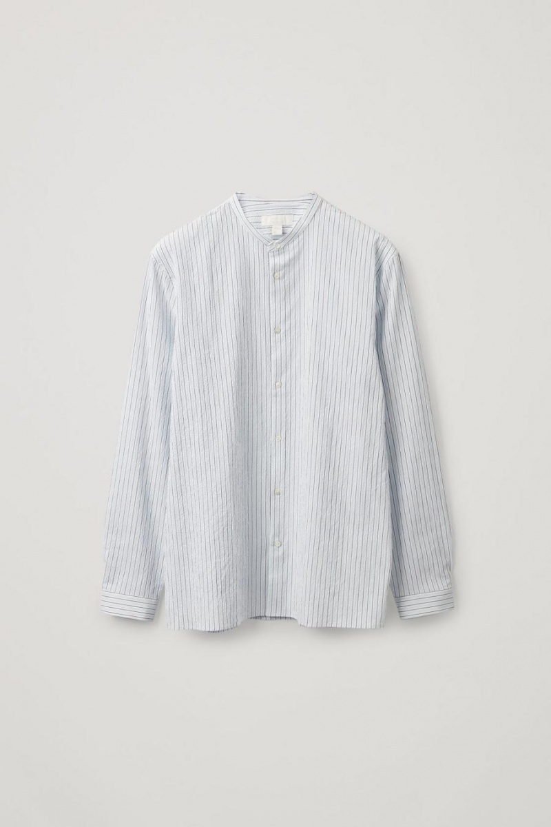 Camisa COS Seersucker Grandad Collar Hombre Azules Claro Blancos | 79645ZFTP