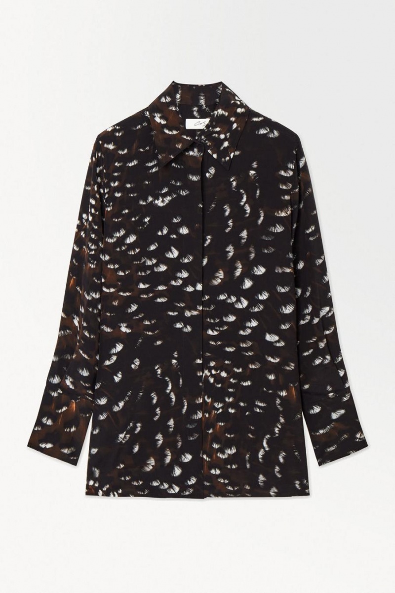 Camisa COS The Feather-print Silk Mujer Negros | 74096QFHA