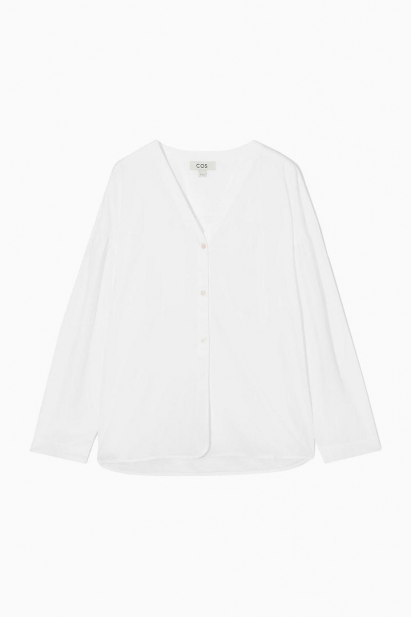 Camisa COS Voluminous V-neck Poplin Mujer Blancos | 69230YPKA