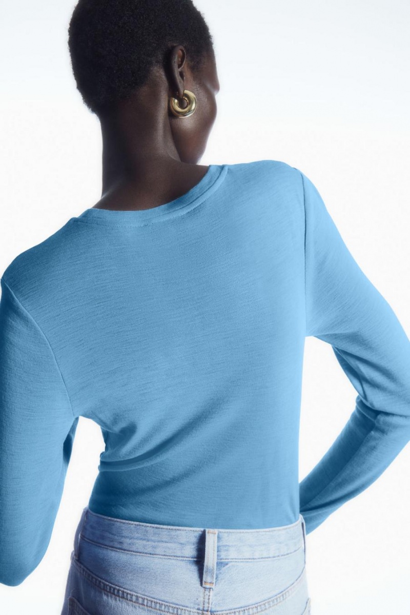 Camiseta COS Crew-neck Merino Lana Mujer Azules Claro | 71542ILFJ