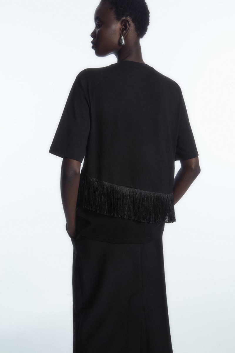 Camiseta COS Fringed Jersey Mujer Negros | 82513HLAX