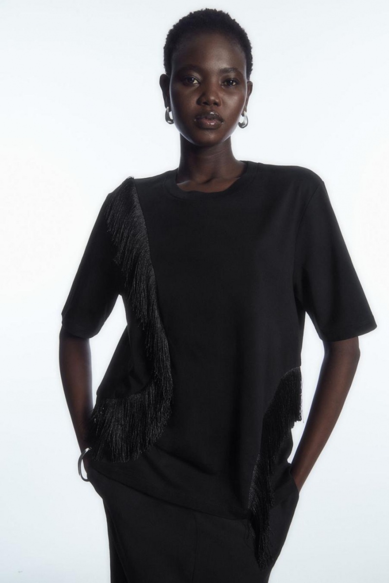 Camiseta COS Fringed Jersey Mujer Negros | 82513HLAX