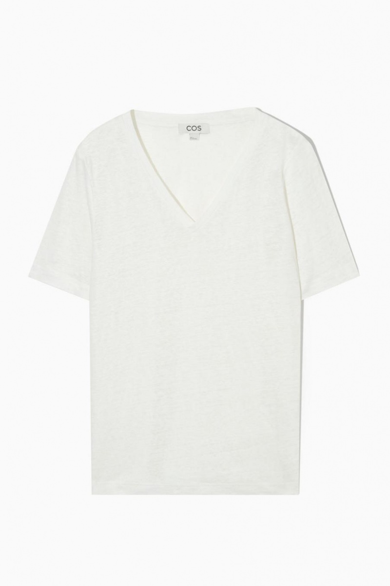 Camiseta COS V-neck Linen Mujer Blancos | 06315OXVM