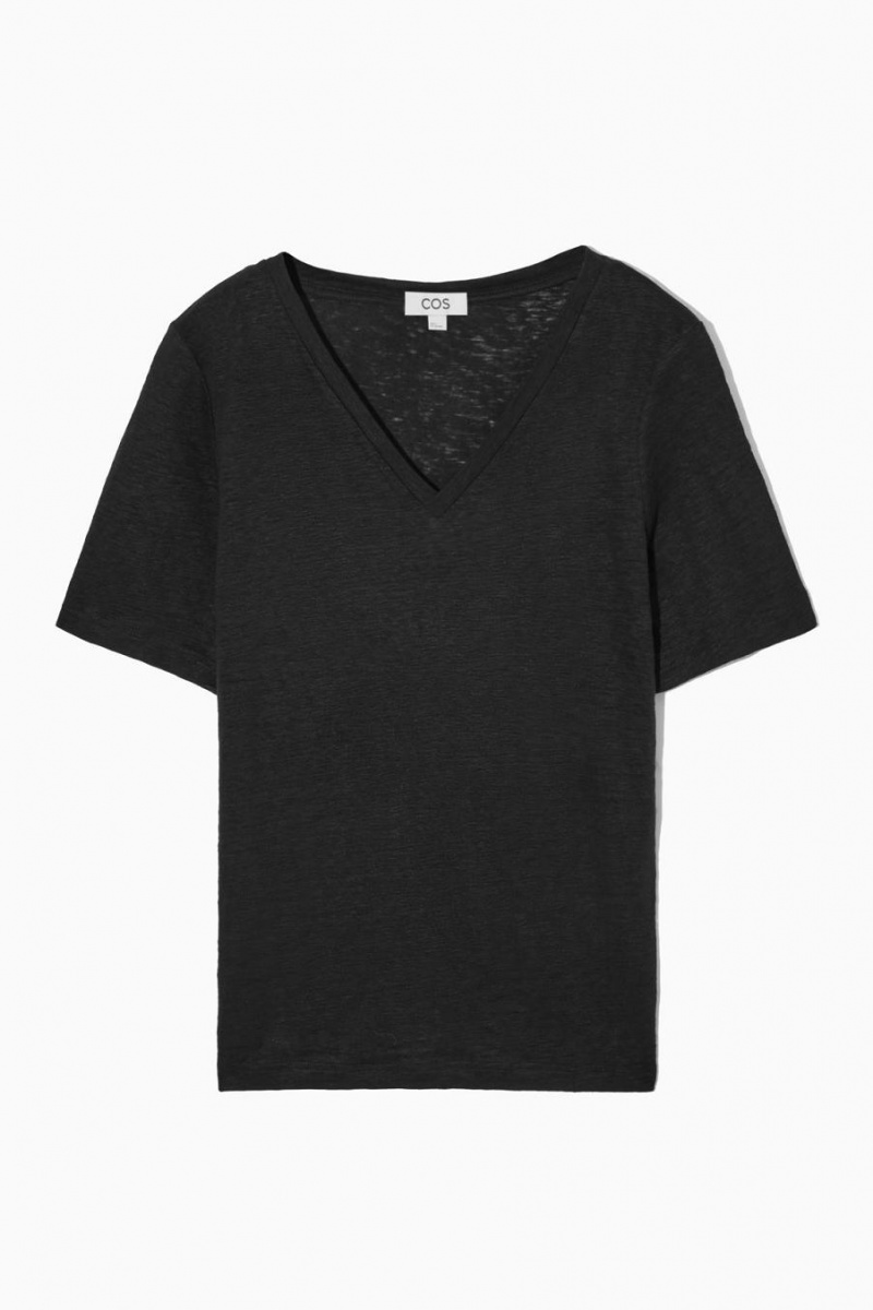 Camiseta COS V-neck Linen Mujer Negros | 20581UDAN