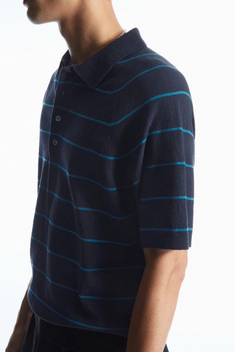 Polo COS Textured-knit A Rayas Hombre Azul Marino Turquesa Claro | 56124QULR