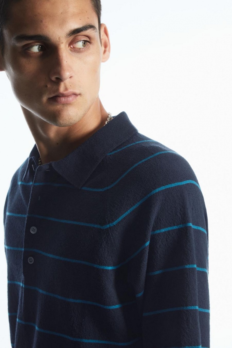 Polo COS Textured-knit A Rayas Hombre Azul Marino Turquesa Claro | 56124QULR