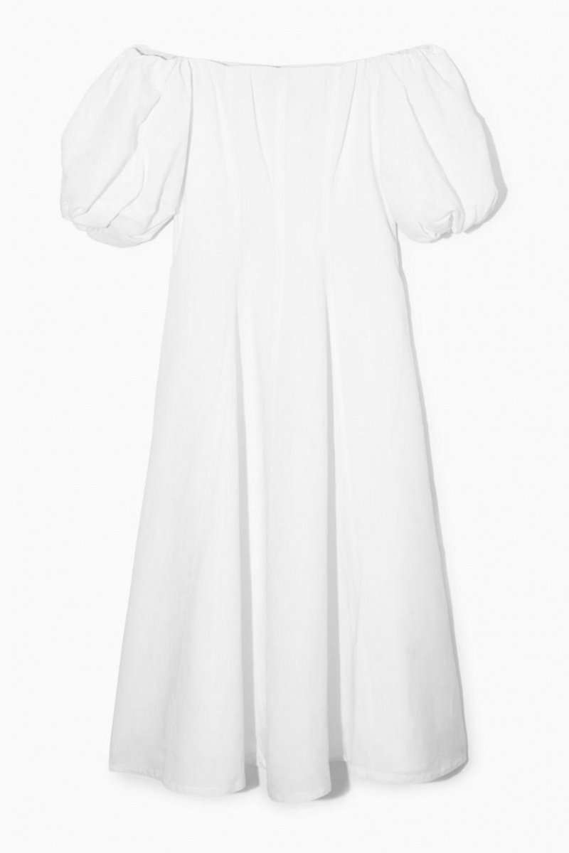 Vestido COS Off-the-shoulder Puff-sleeve Midi Mujer Blancos | 06374EMXU