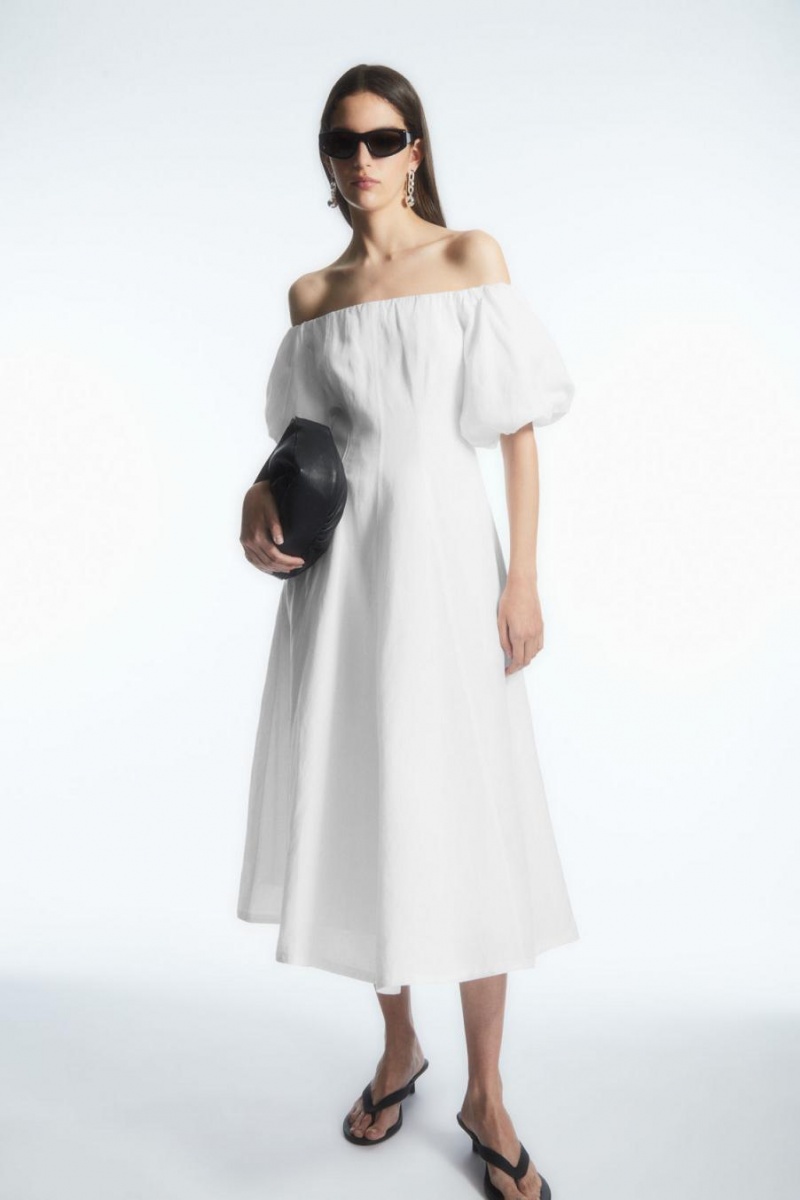 Vestido COS Off-the-shoulder Puff-sleeve Midi Mujer Blancos | 06374EMXU