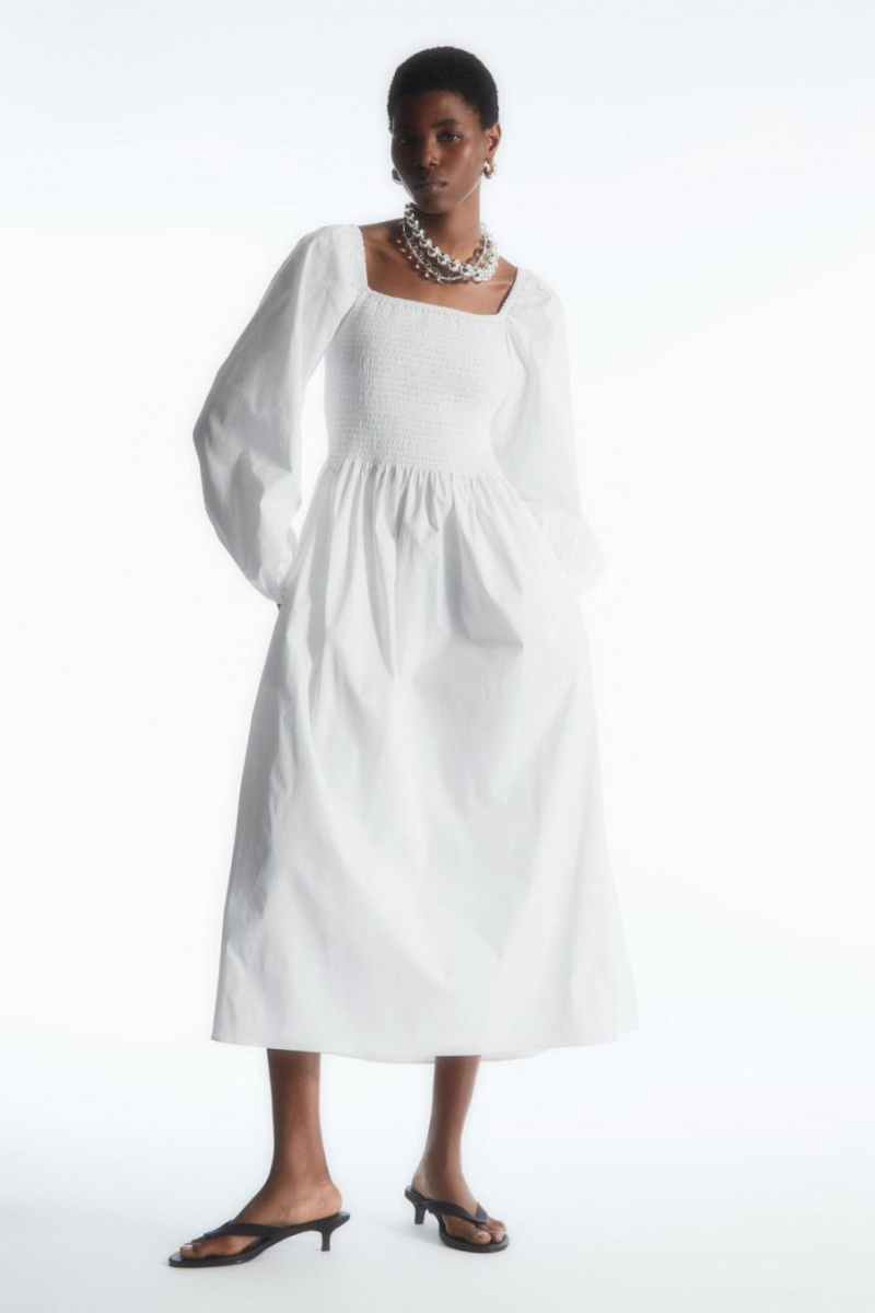 Vestido COS Off-the-shoulder Smocked Midi Mujer Blancos | 08162LEMW