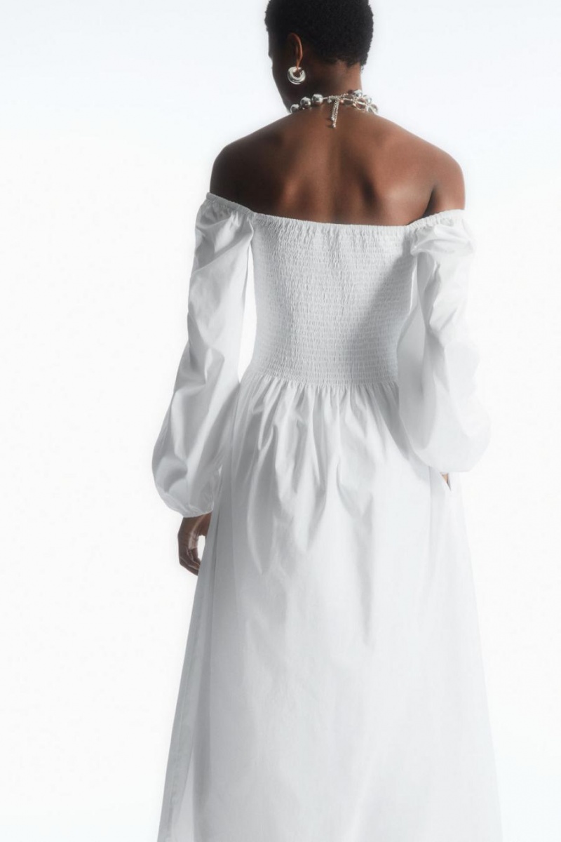 Vestido COS Off-the-shoulder Smocked Midi Mujer Blancos | 08162LEMW