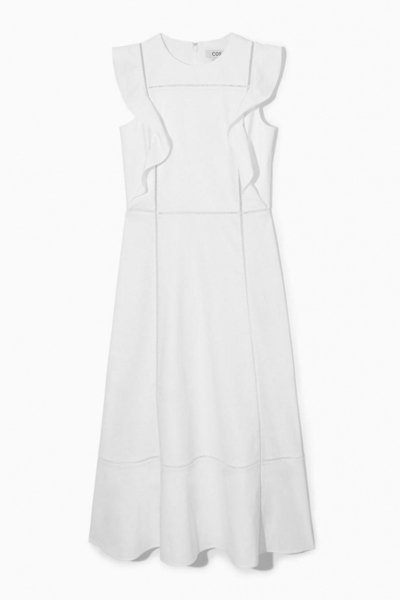 Vestido COS Ruffled Linen-blend Midi Mujer Blancos | 80614FRHY